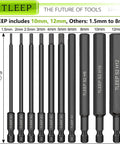 10 Piece Metric Hex Bit Set With One Quarter Inch Shank S2 Steel Magnetic Tips Long Allen Wrench Drill Bits Range 12mm To 1.5mm For Ikea Furniture Assembly Workhorse Pro Grade Socket Bit Set Black showing various sizes from 1.5mm to 12mm.