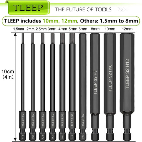 10 Piece Metric Hex Bit Set With One Quarter Inch Shank S2 Steel Magnetic Tips Long Allen Wrench Drill Bits Range 12mm To 1.5mm For Ikea Furniture Assembly Workhorse Pro Grade Socket Bit Set Black showing various sizes from 1.5mm to 12mm.