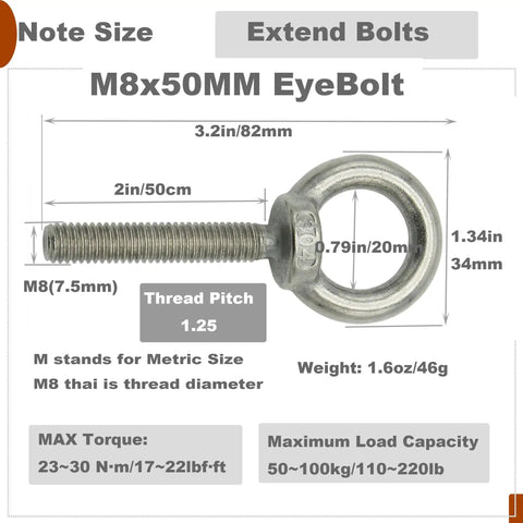 Hardcore Stainless Steel M8 Eyebolts 2 Inch Long Heavy Duty Lifting Screws With Lock Nuts And Washers, dimensions shown.