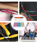 Heat Shrink Piggy Back Spade Terminals Assortment Kit For Auto Cars Trucks Boats 22-16 16-14 12-10 AWG Quick Splice Crimp Connectors 140 Piece Set With Color Coded Red Blue Yellow in use and displayed