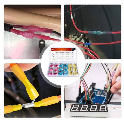 Heat Shrink Piggy Back Spade Terminals Assortment Kit For Auto Cars Trucks Boats 22-16 16-14 12-10 AWG Quick Splice Crimp Connectors 140 Piece Set With Color Coded Red Blue Yellow in use and displayed
