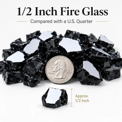 Onyx Black Fire Glass Rocks Half Inch High Luster Reflective Tempered Glass For Fire Pits And Fireplaces Indoors Or Outdoors Safe With Propane Or Natural Gas Burners 10 Pounds next to U.S. quarter for size comparison
