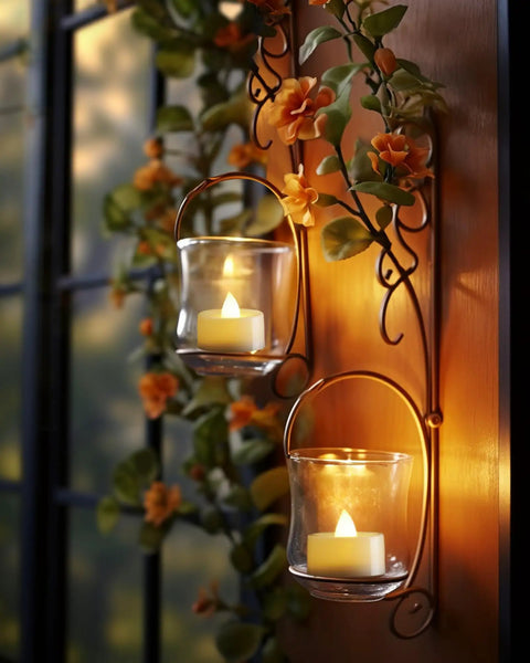 24 Pack Flameless LED Tea Lights Battery Operated With Realistic Flicker in glass holders with floral decor on wall