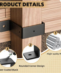 Beefy 4x4 Fence Post Brackets Set for Decks and Gazebos, 2mm thick steel mounting ties in black finish on wood post