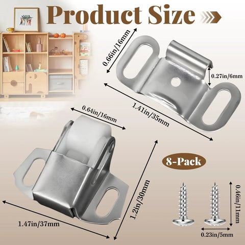 Heavy Duty Mailbox Replacement Roller Catch Kit With Screws, 8 Pack, showing dimensions and included screws