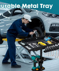 Rolling Work Table With Adjustable Height, Mobile Tool Cart For Drills And Bits Storage, mechanic using cart in garage