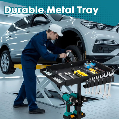 Rolling Work Table With Adjustable Height, Mobile Tool Cart For Drills And Bits Storage, mechanic using cart in garage
