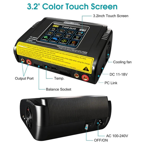 Dual Channel RC Lipo Battery Charger With Touchscreen LCD Display For RC Hobbyists 200W AC 400W DC Output 12A Per Channel