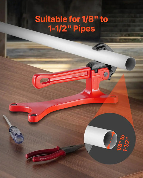 Portable Aluminum Pipe Vise for Onsite Plumbing Jobs, Ultra Lightweight Clamp Tool with 1/8 to 1-1/2 inch capacity on table