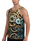 Street Style Dope Steampunk Mechanical Gears Print Mens Tank Top Hella Breathable Ultra Lightweight Quick Dry Sleeveless Gym Shirt For Casual Workouts Black, displayed on male model.