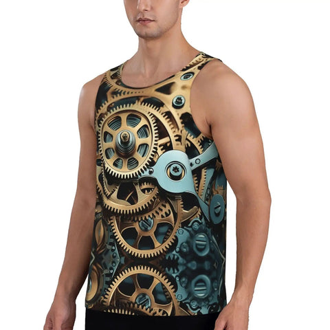 Street Style Dope Steampunk Mechanical Gears Print Mens Tank Top Hella Breathable Ultra Lightweight Quick Dry Sleeveless Gym Shirt For Casual Workouts Black, displayed on male model.