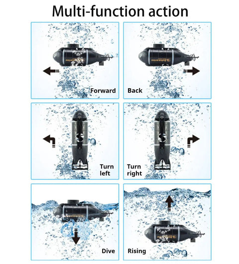 Multi-function actions of the Mini RC Submarine For Kids With 6CH Remote Control, showing forward, back, turn, dive, and rise maneuvers.