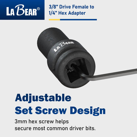 Three Eighths Inch Square Drive To One Quarter Inch Hex Converter With CrMo Steel Quick Release Chuck And Patented Adjustable Design