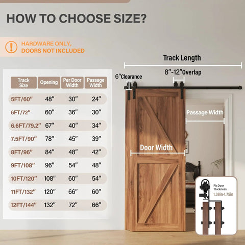 Chart with door size guide and installation view of 6.6 Foot Single Track Bypass Barn Door Hardware Kit For Double Doors.