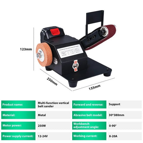 Top Shelf Compact 90 Degree Vertical Belt Sander With Electric Knife Sharpener Bench Grinder Kit on a workbench for DIY projects.