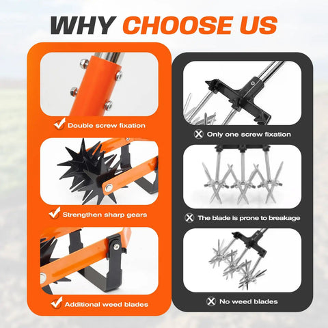 72 Inch Rotary Cultivator Tool Hand Tiller For Gardening 2 In 1 Garden Cultivator With Adjustable Handle features infographic