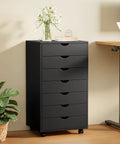 Top Tier Seven Drawer Wooden Dresser Featuring Heavy Duty Storage Cabinets And Smooth Rolling Casters For Bedroom Organization in black.