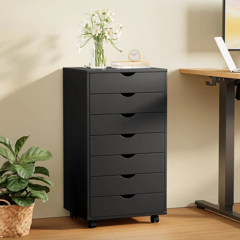 Top Tier Seven Drawer Wooden Dresser Featuring Heavy Duty Storage Cabinets And Smooth Rolling Casters For Bedroom Organization in black.