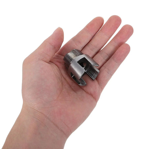 Dual Function External Pipe Threading Tool For PVC And Stainless Steel Pipes, One Half Inch And Three Quarter Inch Threader, Includes Seal Tape, Stable Cutting For DIY Home Plumbing Renovation And Construction Sites, Electric Drill Compatible, held in hand