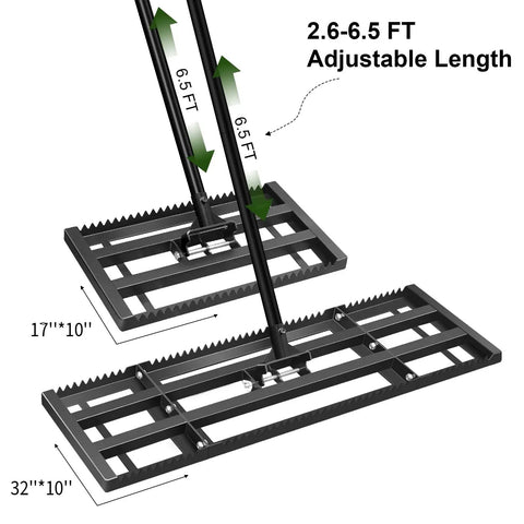 Heavy Duty Lawn Leveling Rake With Dual Sided Serrated Edge And Smooth Plate For Leveling Soil Compost Sand And Grass Durable Steel Garden Tool With Six Point Five Foot Adjustable Handle For Quick Yard Repair No Sweat, showing adjustable length and serrated edge details