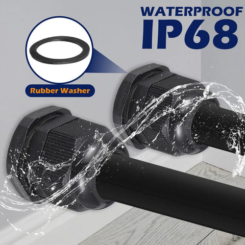 Close-up of waterproof IP68 cable glands from All In One Heavy Duty 72 Piece Cable Glands Kit with rubber washer for strain relief.