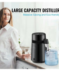Top Notch Water Distiller With 750 Watt Heater Makes Hella Pure Water For Home Use And CPAP Devices shown in a kitchen with glass of water.