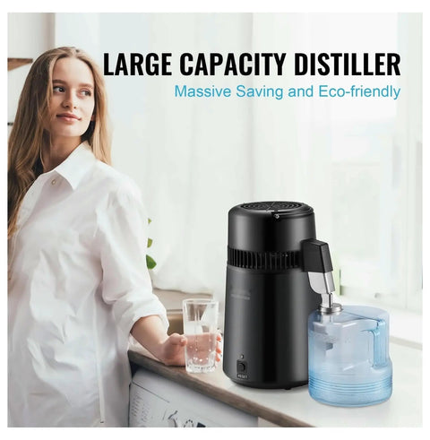 Top Notch Water Distiller With 750 Watt Heater Makes Hella Pure Water For Home Use And CPAP Devices shown in a kitchen with glass of water.