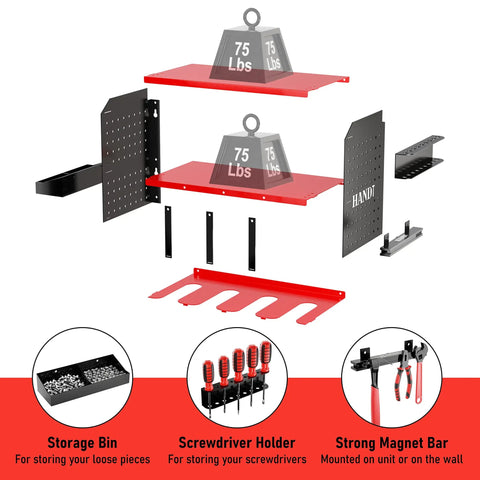 Garage Tool Organizer Wall Mount Drill Holder Pegboard Screwdriver Holder System With Magnet Bar And Organization Bin Cordless Drill Battery Charging Station Utility Shelf Red