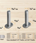 T Bolts set showing 1/4"-20 and 5/16"-18 sizes, designed for Four Pack 24 Inch Universal T Track Bars With 3 Inch Flip Fence Stop Built Like A Tank Double Cut Profile Pre Drilled Holes Shop Must Have For Tight Grip Jig Setup And Rock Stable Woodworking Projects.