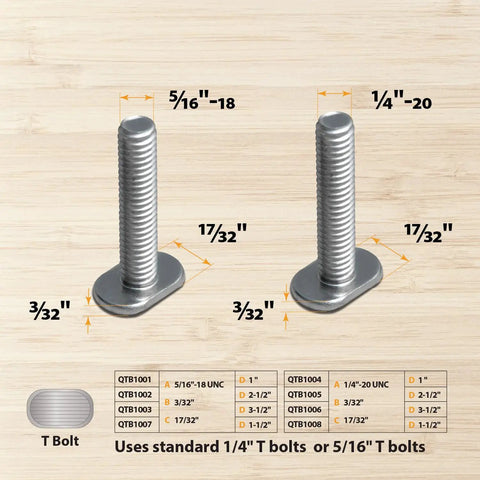 T Bolts set showing 1/4"-20 and 5/16"-18 sizes, designed for Four Pack 24 Inch Universal T Track Bars With 3 Inch Flip Fence Stop Built Like A Tank Double Cut Profile Pre Drilled Holes Shop Must Have For Tight Grip Jig Setup And Rock Stable Woodworking Projects.