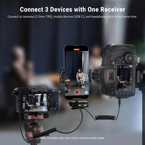 Pro Grade Wireless Lavalier Mic Set With Dual Transmitters And Receiver connected to camera and smartphone on stand