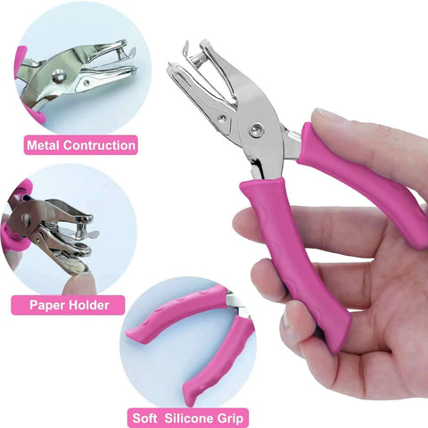 One Quarter Inch Hole Punch For Crafts With Pink Soft Grip Handle, handheld paper puncher for home office classroom, close-up view