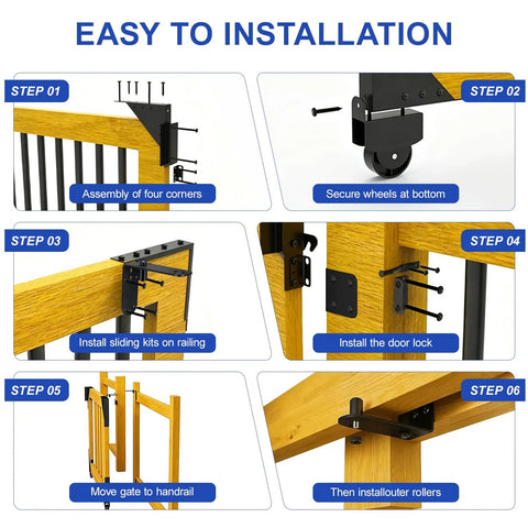 Heavy Duty Sliding Gate Hardware Kit With Smooth Silent Roll Wheels For 1 To 2 In Wood Frames, Anti Sag Corner Brackets, Ideal For Deck Driveway Porch Or Yard Gates installation steps