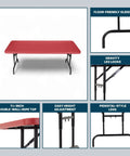 Heavy Duty Adjustable Height Folding Table For Pro Events Built Tough 6 Foot Premium Industrial Table With Pedestal Legs 17 Gauge Steel Frame 1.75 Inch Thick Double Wall HDPE Top 72 By 30 Inches Red Top front and side view on white background with pedestal legs and red top.