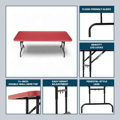 Heavy Duty Adjustable Height Folding Table For Pro Events Built Tough 6 Foot Premium Industrial Table With Pedestal Legs 17 Gauge Steel Frame 1.75 Inch Thick Double Wall HDPE Top 72 By 30 Inches Red Top front and side view on white background with pedestal legs and red top.