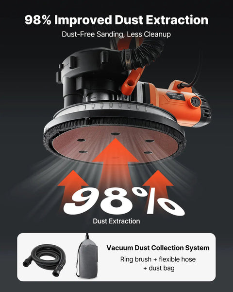 Premium Power Electric Drywall Sander showcasing 98% dust extraction with flexible hose and dust bag for dust-free cleanup.