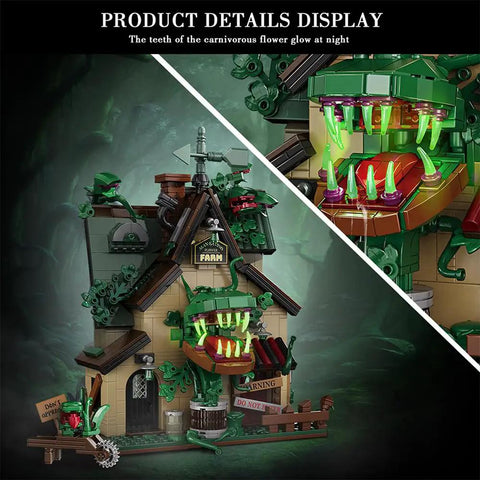 Carnivorous Plant House Building Block Set For Adults, Street Scene MOC Kit With 1128 Pieces, glowing teeth detail