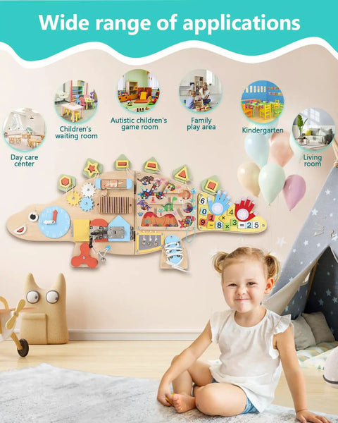 Kid Approved Dinosaur Wall Busy Board Fun Foldable Montessori Learning Center For Kids Ages 3 To 7 with hands-on activities.