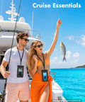 Couple on yacht displaying Floating Waterproof Phone Pouch 2 Pack IPX8 Dry Bag Case For Beach Kayak Cruise And Travel Essentials.