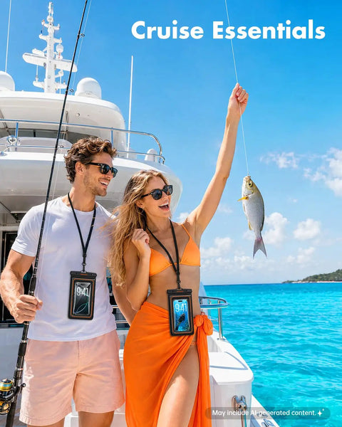 Couple on yacht displaying Floating Waterproof Phone Pouch 2 Pack IPX8 Dry Bag Case For Beach Kayak Cruise And Travel Essentials.