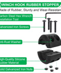 Components of Rugged And Ready Synthetic Winch Rope Kit with rubber stopper, hex wrench, and screws for SUVs UTVs and ATVs