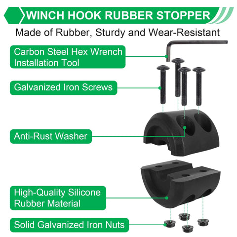 Components of Rugged And Ready Synthetic Winch Rope Kit with rubber stopper, hex wrench, and screws for SUVs UTVs and ATVs