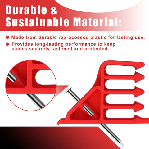 200 Pack Cable Stackers With Steel Nails For Fast And Secure Wire Management, showing red plastic clip with steel nail for cable organization.