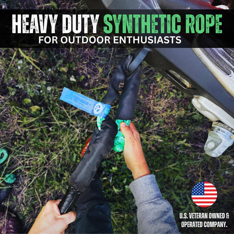 Soft Shackle Recovery Kit 2 Pack 1/2 Inch By 22 Inch Off Road Tow Kit With Tow Straps And Tow Hooks Heavy Duty Synthetic Rope For Outdoor Enthusiasts US Veteran Owned Green With Bag in use with vehicle