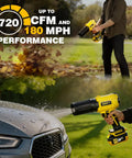 Cordless Leaf Blower For 20V Max Batteries With Light Brushless Motor 720 CFM At 180 MPH clearing leaves and debris in yard