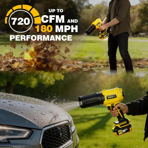 Cordless Leaf Blower For 20V Max Batteries With Light Brushless Motor 720 CFM At 180 MPH clearing leaves and debris in yard