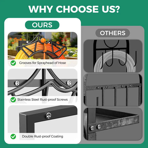 Comparison of heavy duty freestanding hose reel with two tool hooks rustproof outdoor hose holder for 160 foot hoses