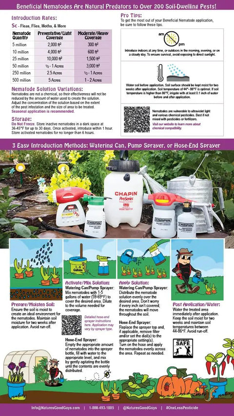 Instructions on using 50 Million Live Beneficial Nematodes For Flea And Fly Extermination, Easy To Apply, Safe Around Humans And Pets.