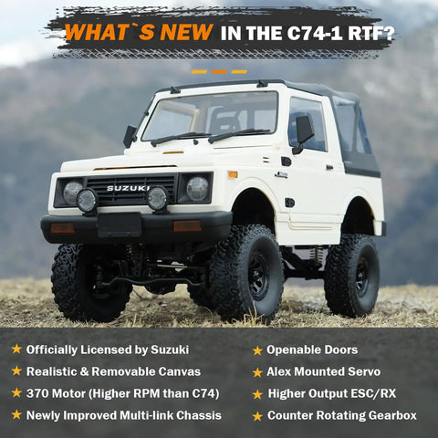 One To Ten Scale RC Crawler Inspired by Suzuki Jimny JA11 off-road truck with LED lights, showing white durable ABS body
