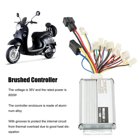 36V 800W Brushed DC Motor Speed Controller for electric bikes and scooters with aluminum alloy case, shown with wiring and scooter